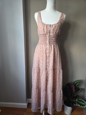 Urban Outfitters Pink Floral Smocked Tiered Maxi Dress Small Petite